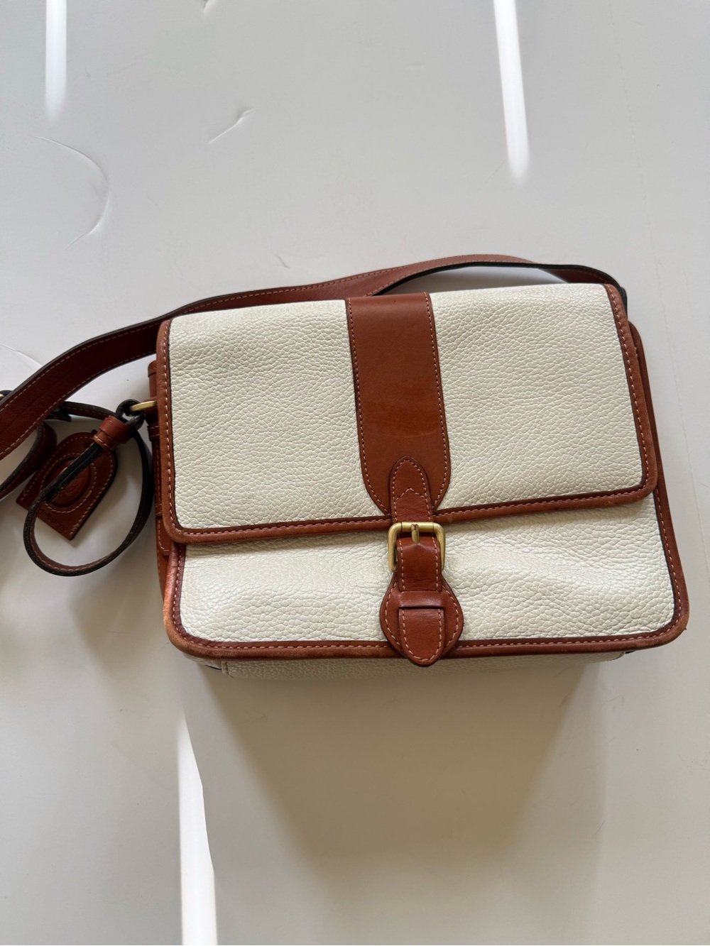 Vintage Liz Claiborne Leather Trim White Crossbody saddle Bag with Buckle